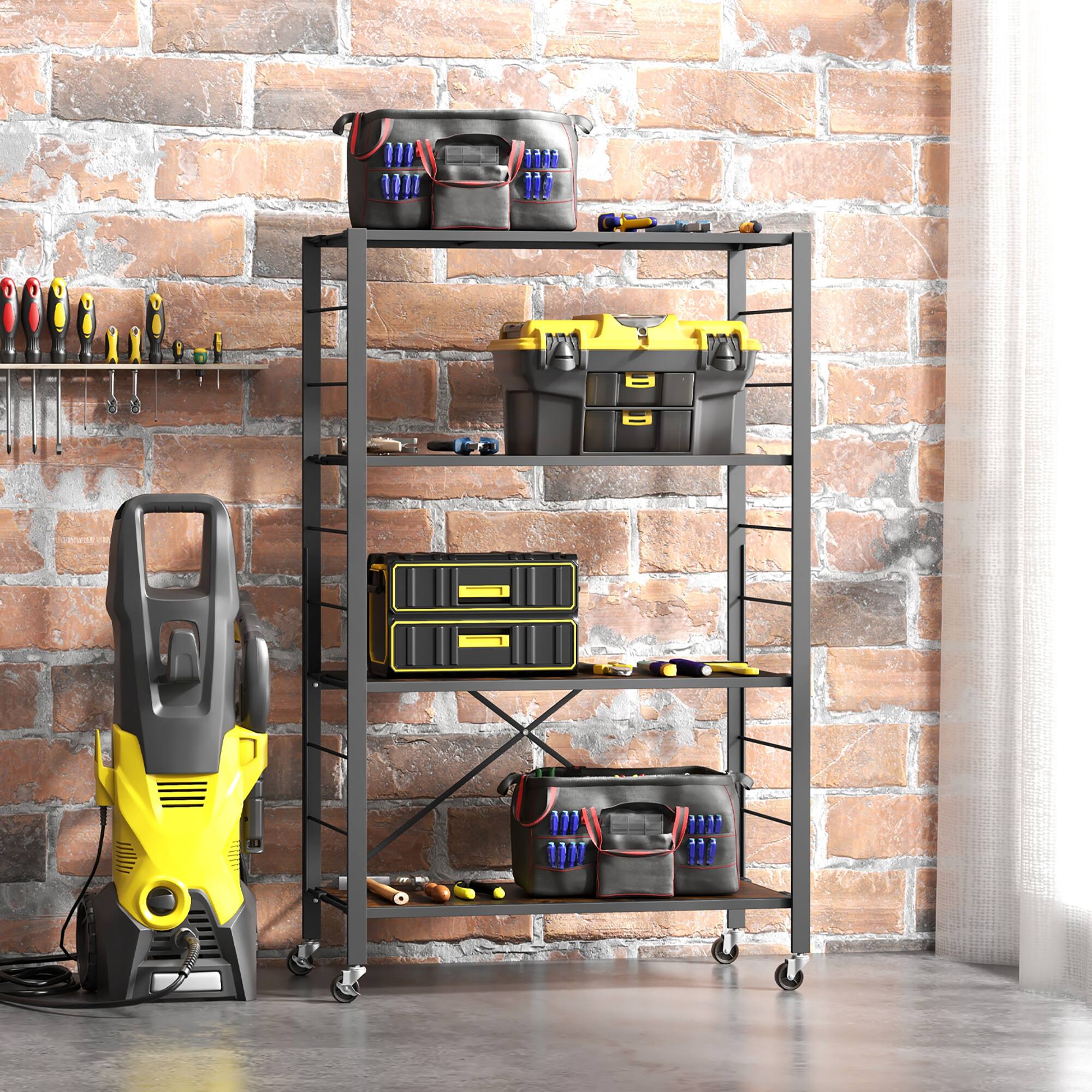 Alt View 4. Gymax - Gymax 2 PCS 4-tier Foldable Storage Shelf w/ Lockable Wheels Home Shelving Unit for Tool Room - Black, Rustic Brown.