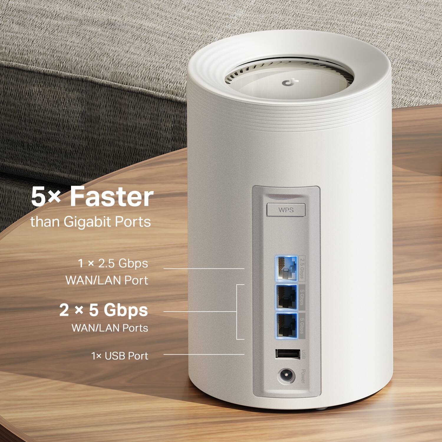 5x Faster than Gigabit Ports
1 x 2.5 Gbps WAN/LAN Port
2 x 5 Gbps WAN/LAN Ports
1 x USB Port