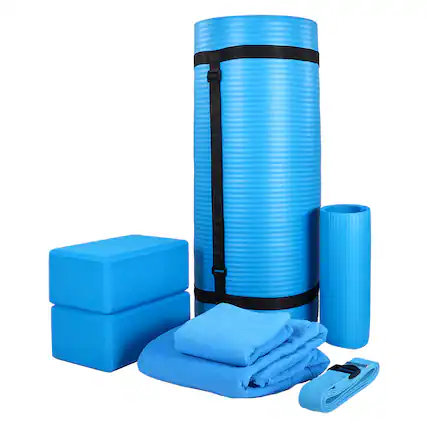 Front. BalanceFrom Fitness - BalanceFrom Fitness 7 Piece Yoga Set with Mat, Stretch Strap, & Knee Pad, Blue - Blue.