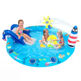 Costway - Inflatable Play Center with Shark-shaped Slide, Lighthouse Sprinkle for Backyard - Multi-color