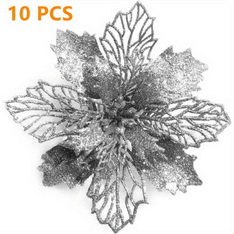 Angle. Oumilen - 10 Pcs Silver Glitter Poinsettia Flowers – Hollow Xmas Ornaments with Stems for Wreath Garland Holiday Decor.