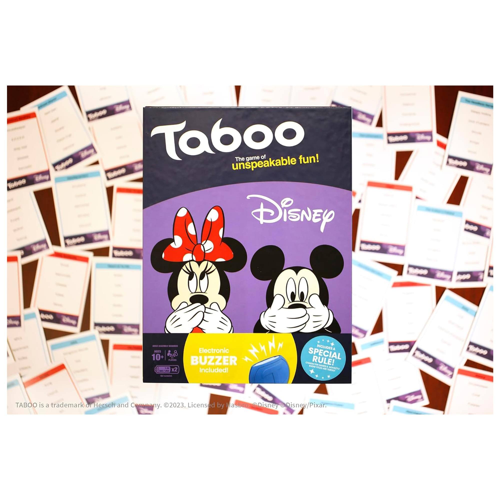 Taboo: The game of unspeakable fun!  
Disney - Electronic BUZZER x2 Included!  
POLUCCCEA SPECIAL RULE!  
Taboo is a trademark of Hersch and Company. © 2023. Licensed by Mastre Disney/Disney/Pixar.