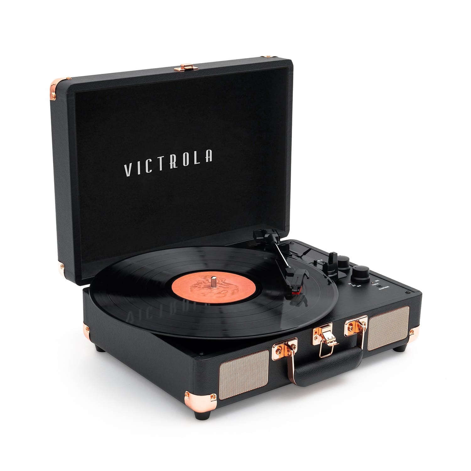 The image features a black Victrola record player with a record inside. The record player is open, showcasing the turntable and its components. The record itself is placed on the turntable, ready to be played. The Victrola is a classic and nostalgic piece of audio equipment that has been enjoyed by many over the years.