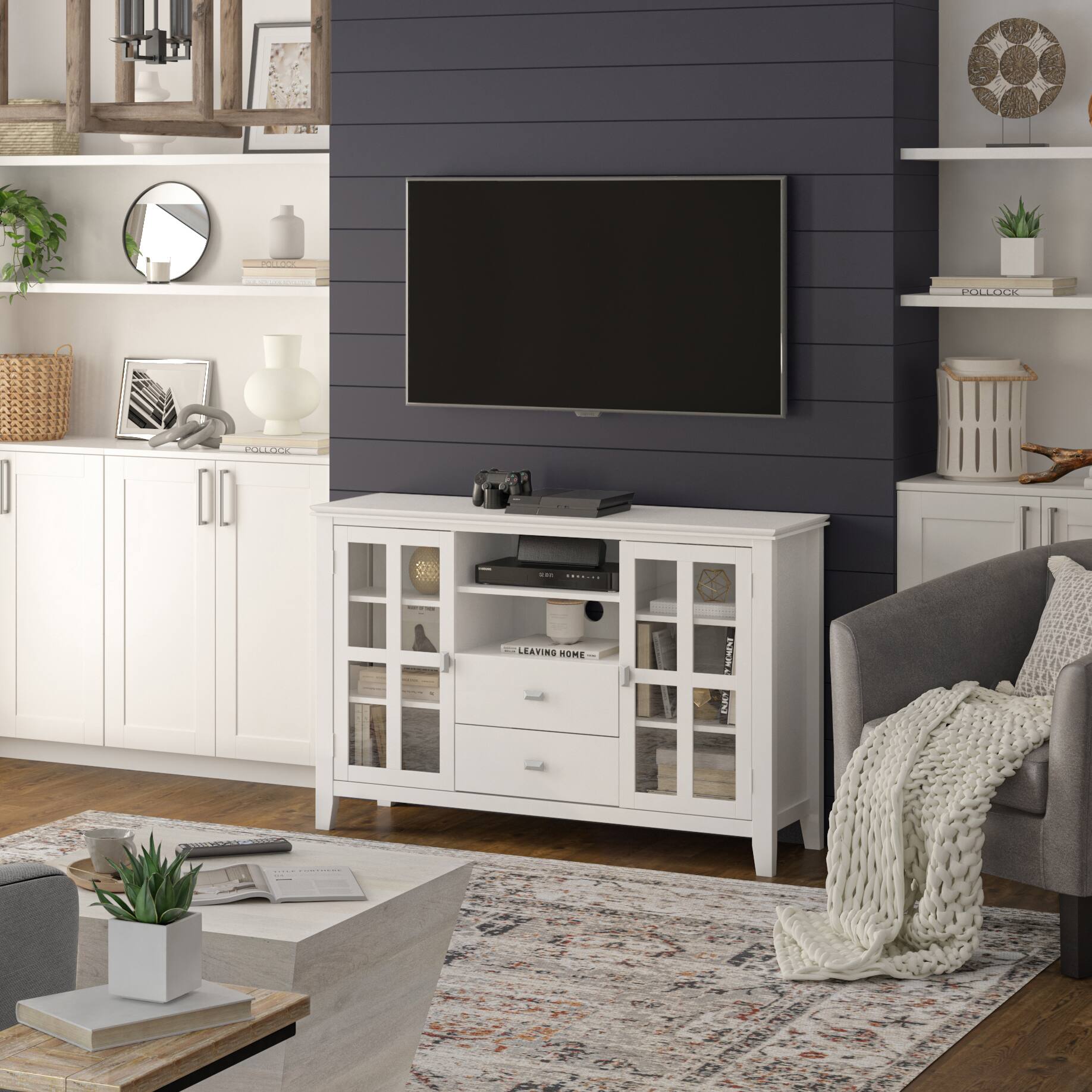 Left. Simpli Home - Artisan Solid Wood Tall TV Media Stand For TVs up to 60 inches - White.