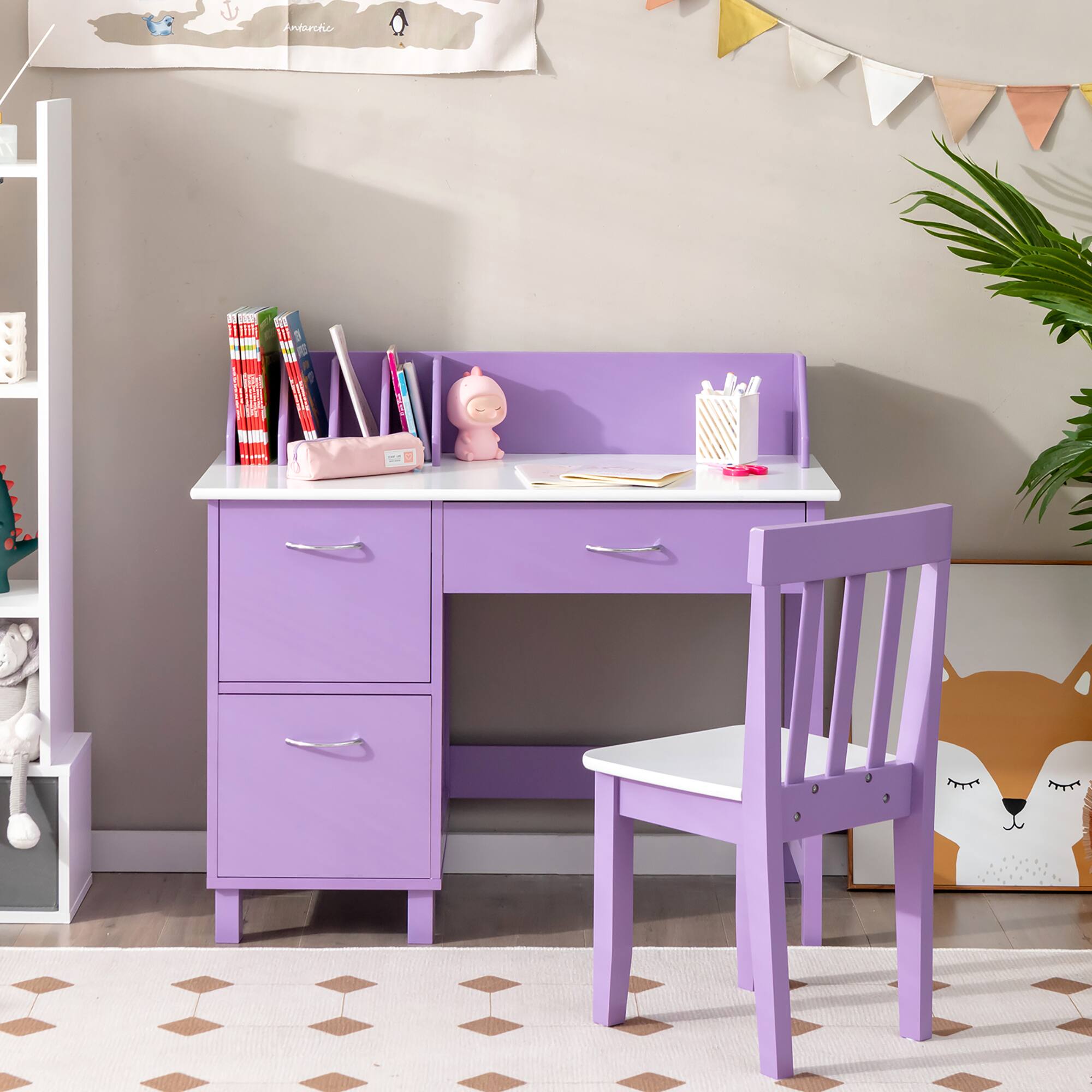 Alt View 1. Costway - Costway Kids Wooden Study Desk & Chair Writing Table with Drawer Storage Cabinet - Purple.