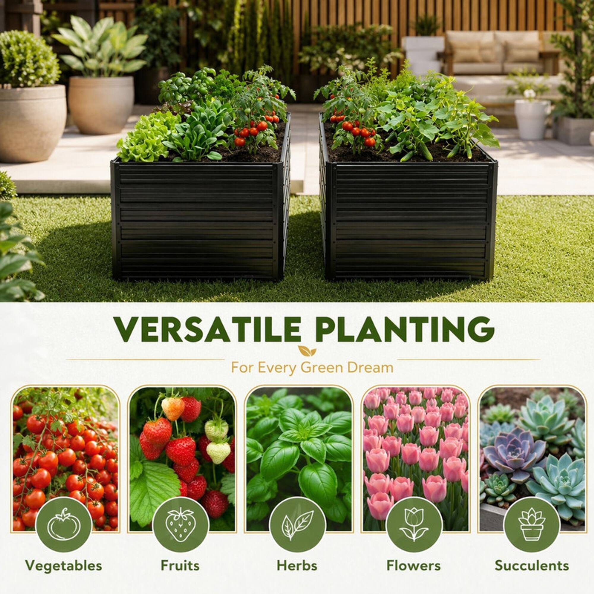 VERSATILE PLANTING  
For Every Green Dream

Vegetables  
Fruits  
Herbs  
Flowers  
Succulents