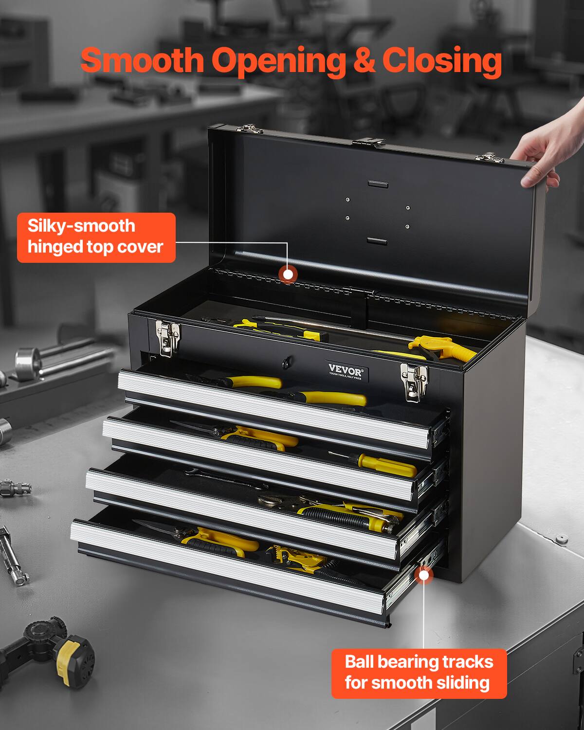 Smooth Opening & Closing

Silky-smooth hinged top cover

Ball bearing tracks for smooth sliding