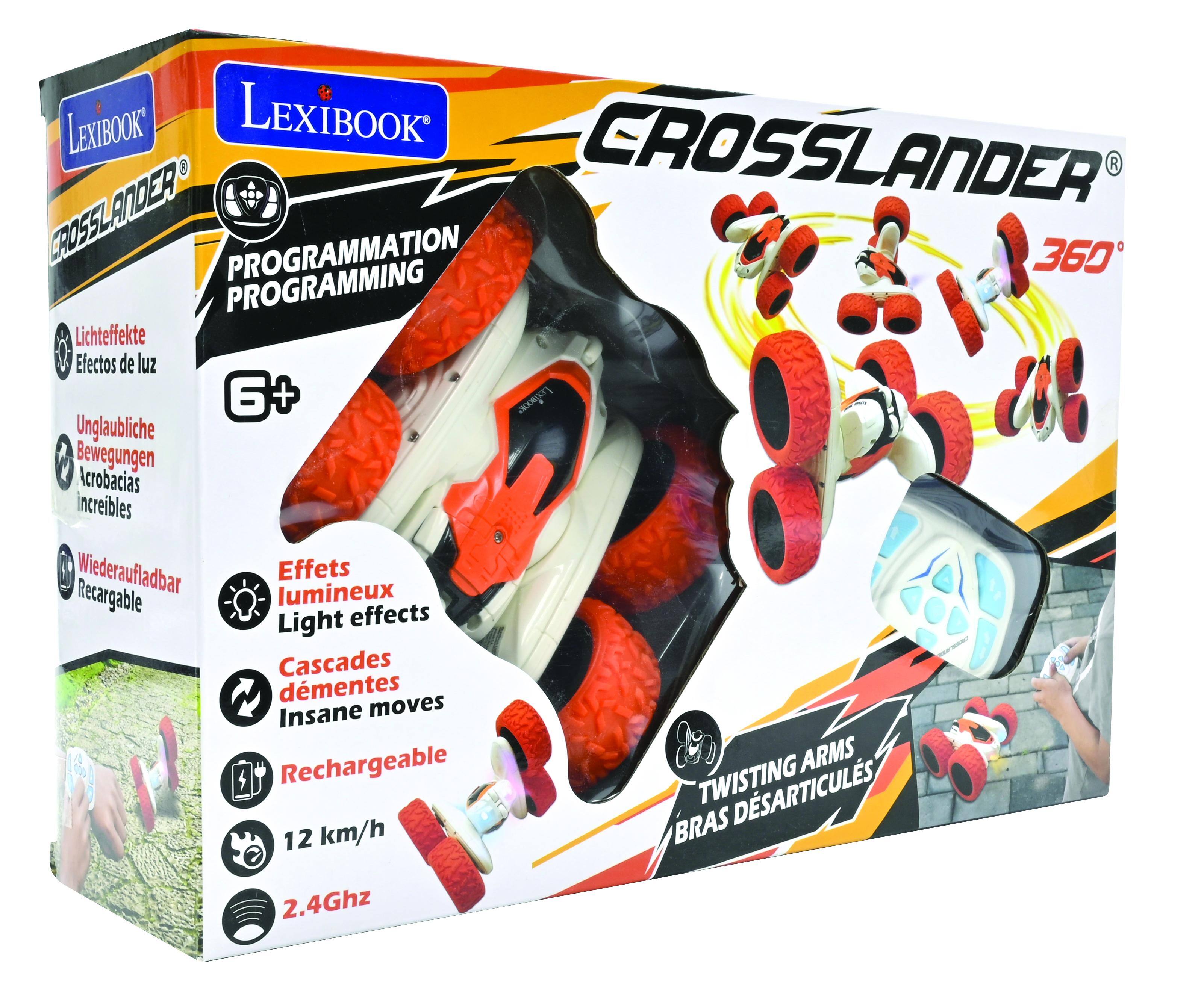 LEXIBOOK CROSSLANDER  
PROGRAMMATION PROGRAMMING  
Lichteffekte Efectos de luz  
Unglaubliche Bewegungen Acrobacias increíbles  
Wiederaufladbar Recargable  
Effets lumineux Light effects  
Cascades d'ments Insane moves  
Rechargeable  
12 km/h  
2.4Ghz  
TWISTING ARMS BRAS DÉSARTICULÉS