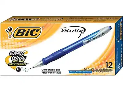 BiC Velocity
Easy Glide
FEEL THE SMOOTHNESS
Comfortable grip
Prise confortable
12 Ball Pens/Stylos-bille/Ballpointos
Medium/Moyen/Mediana