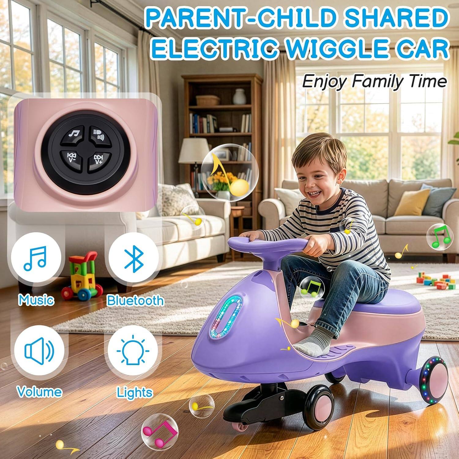 PARENT-CHILD SHARED ELECTRIC WIGGLE CAR  
Enjoy Family Time

- Music
- Bluetooth
- Volume
- Lights