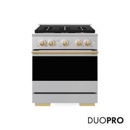 ZLINE - Autograph 30 in. 4.2 cu. ft. Marino Freestanding Manual Clean DuoPro Gas Range with Convection Oven & Gold Accents - Stainless Steel