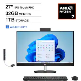 HP - 27 All-in-One 27 FHD (AMD Ryzen 7 7730U, 32GB DDR4, 1TB PCIe SSD, AMD Radeon, Win 11 Pro) w/USB Hub - Jet Black