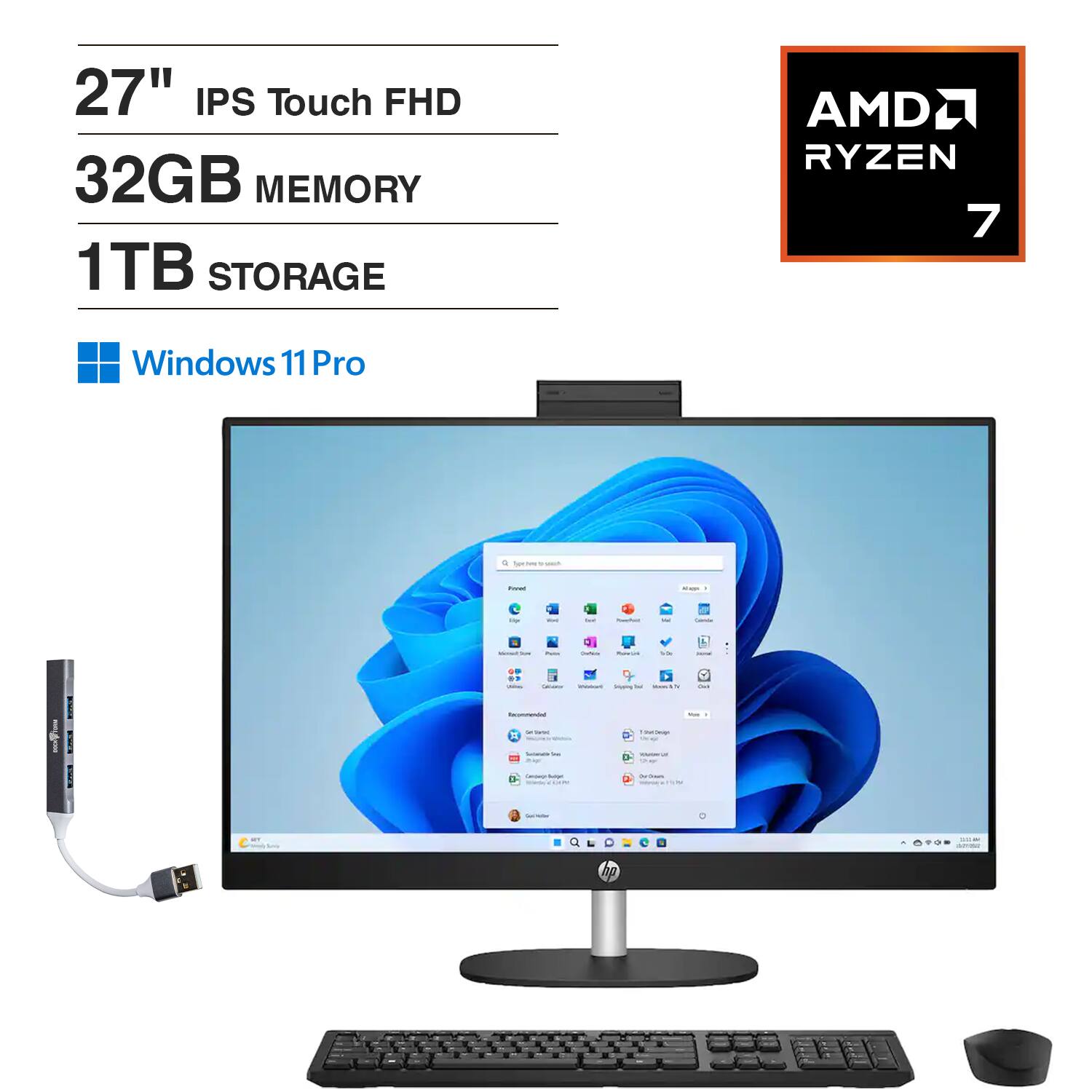 HP - 27 All-in-One 27 FHD (AMD Ryzen 7 7730U, 32GB DDR4, 1TB PCIe SSD, AMD Radeon, Win 11 Pro) w/USB Hub - Jet Black