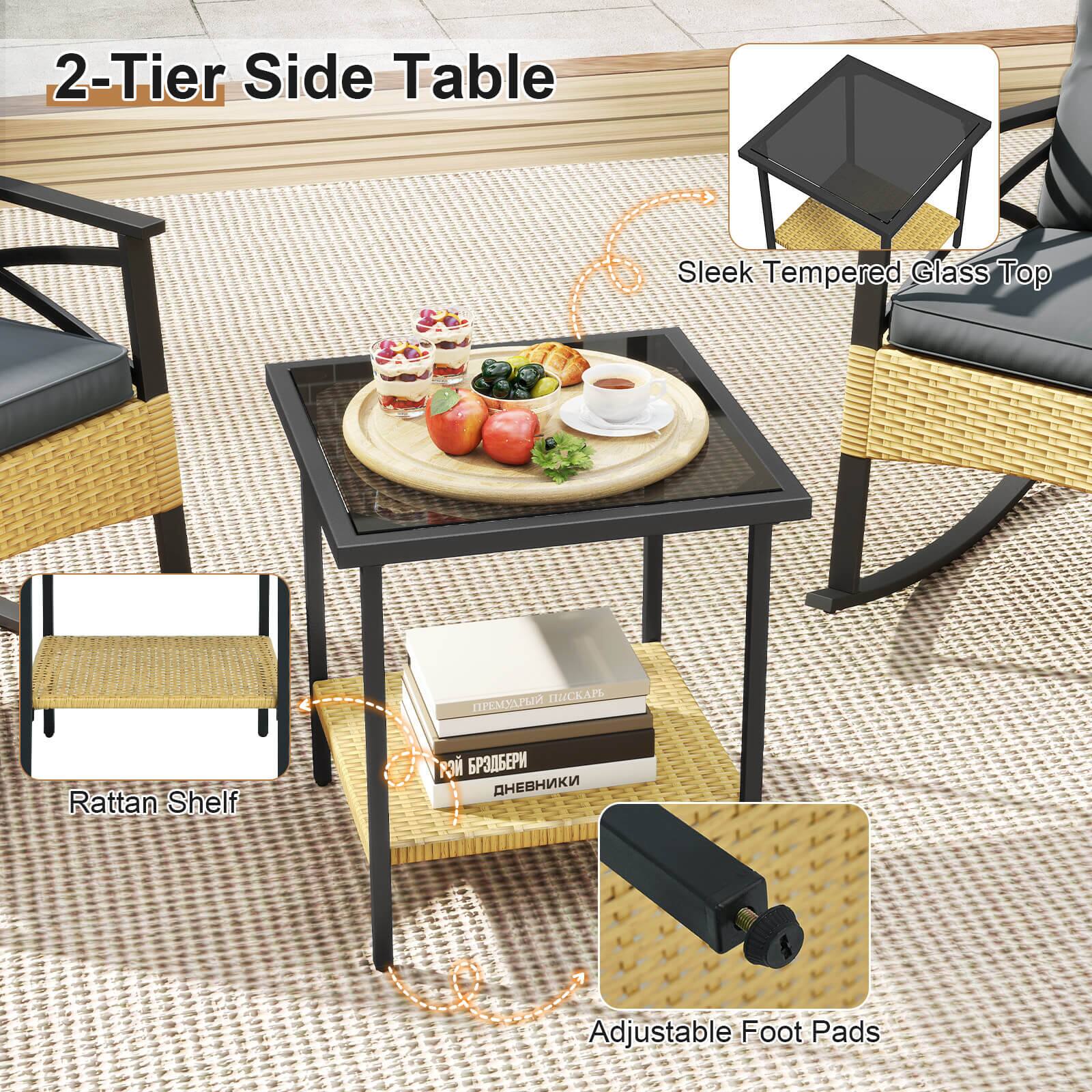 2-Tier Side Table  
Sleek Tempered Glass Top  
Rattan Shelf  
Adjustable Foot Pads