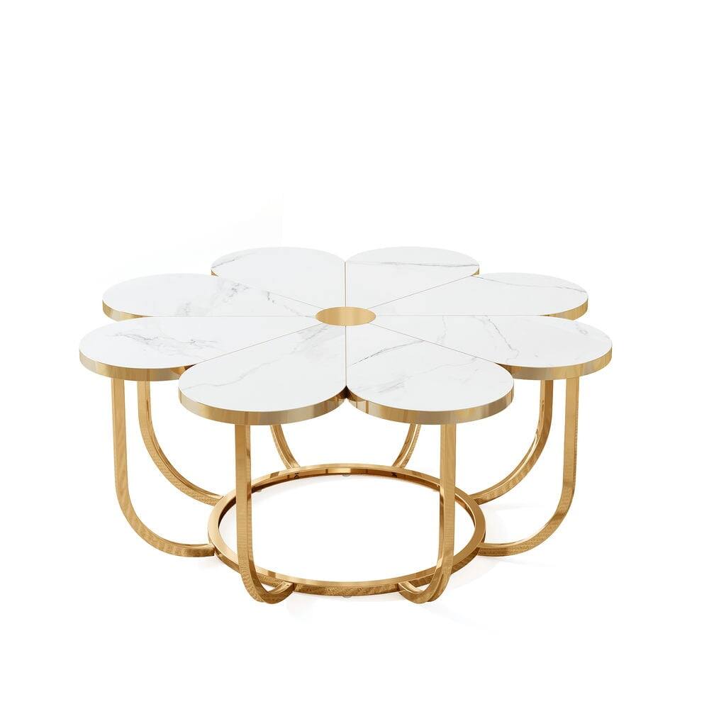 Back. Kadyn - Kadyn Center Coffee Table, Living Room Table,Modern Coffee Table, Flower-Shaped Center Table with Faux Marble Tabletop - White+Golden.