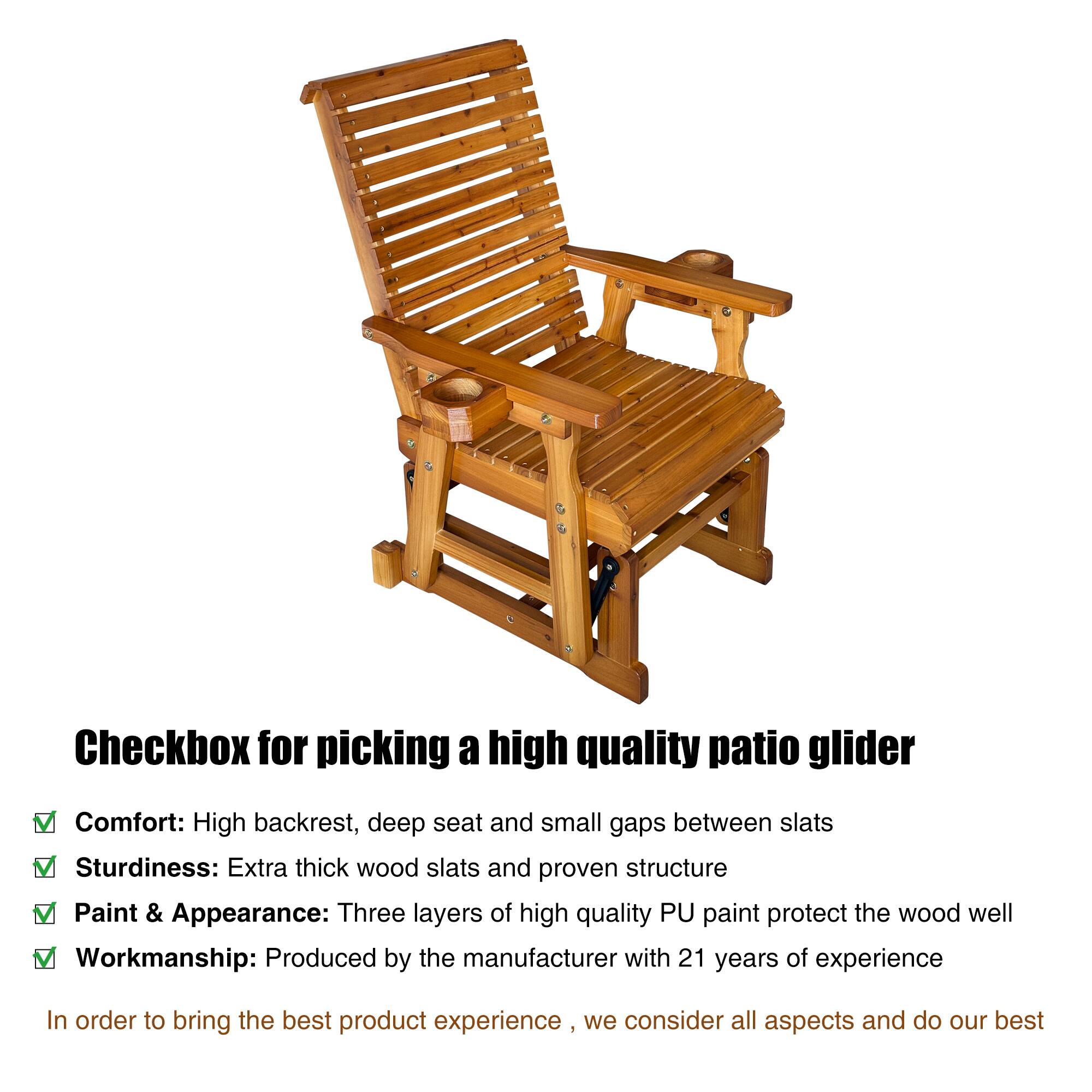 Back. Fortune Candy - Wooden Patio Glider w/High Back & Deep Contoured Seat, Solid Fir Wood, Heavy-Duty 600 lbs(1 Searter, 2 Pack) - Brown.