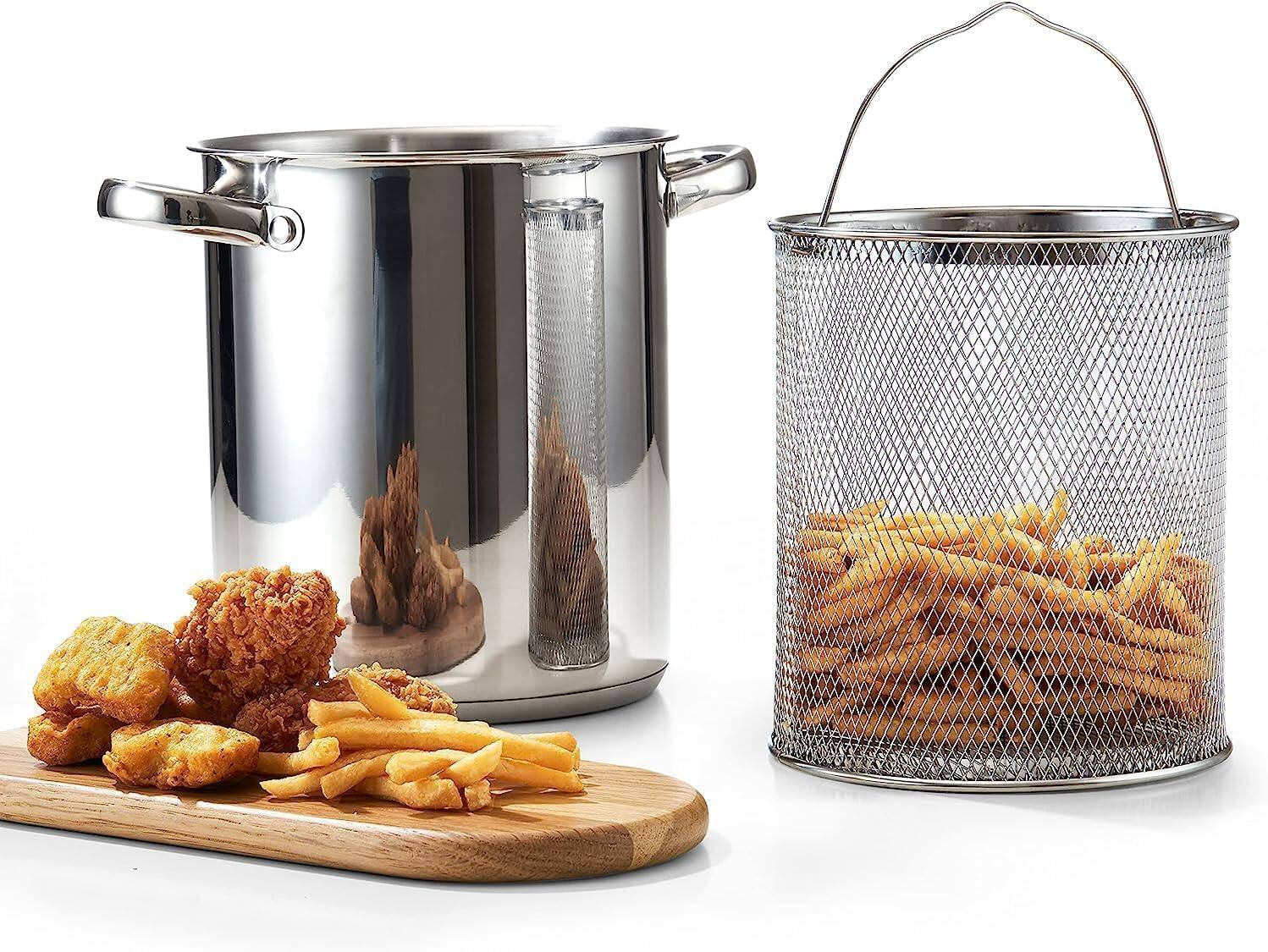 Back. Cook N Home - Basics 4Qt S/S Deep Fryer Pot with Oil Drip Drainer Rack,Glass Lid,suitable for Japanese Tempura,French Fries, Chicken - stainless steel.