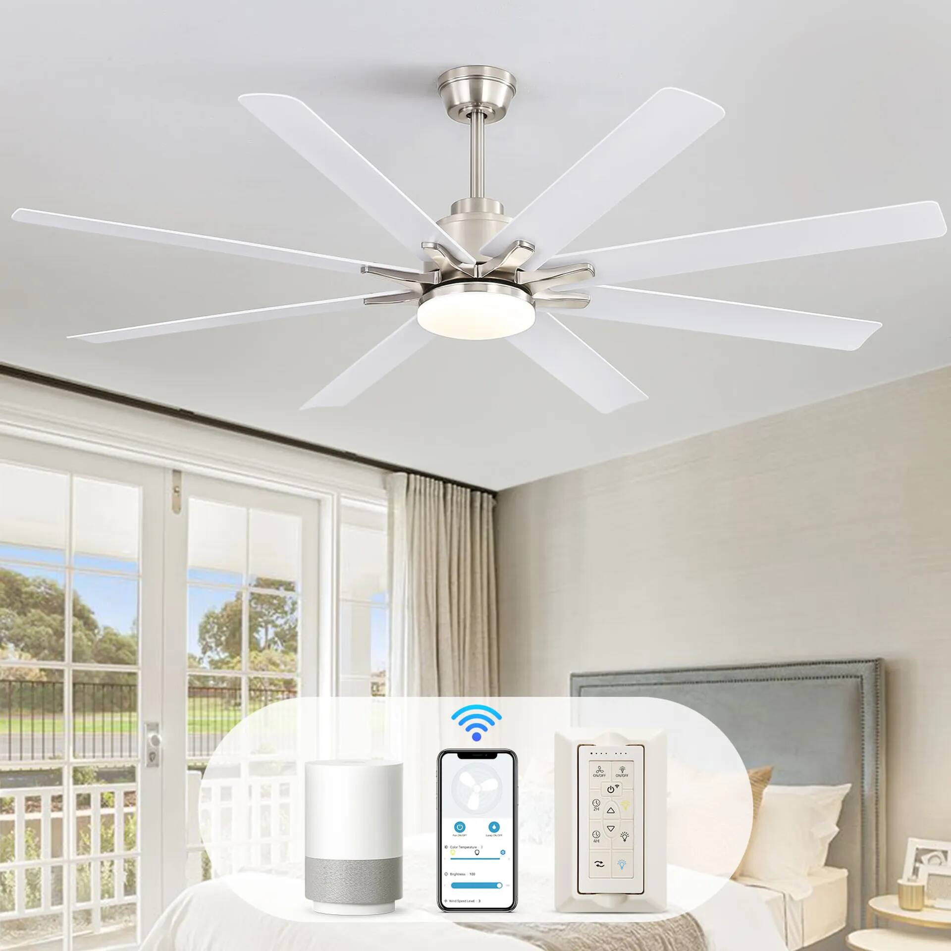 Back. GOODSILO - 66 Inch Large Ceiling Fan with Dimmable LED Light & Remote, Reversible DC Motor - Nickel.