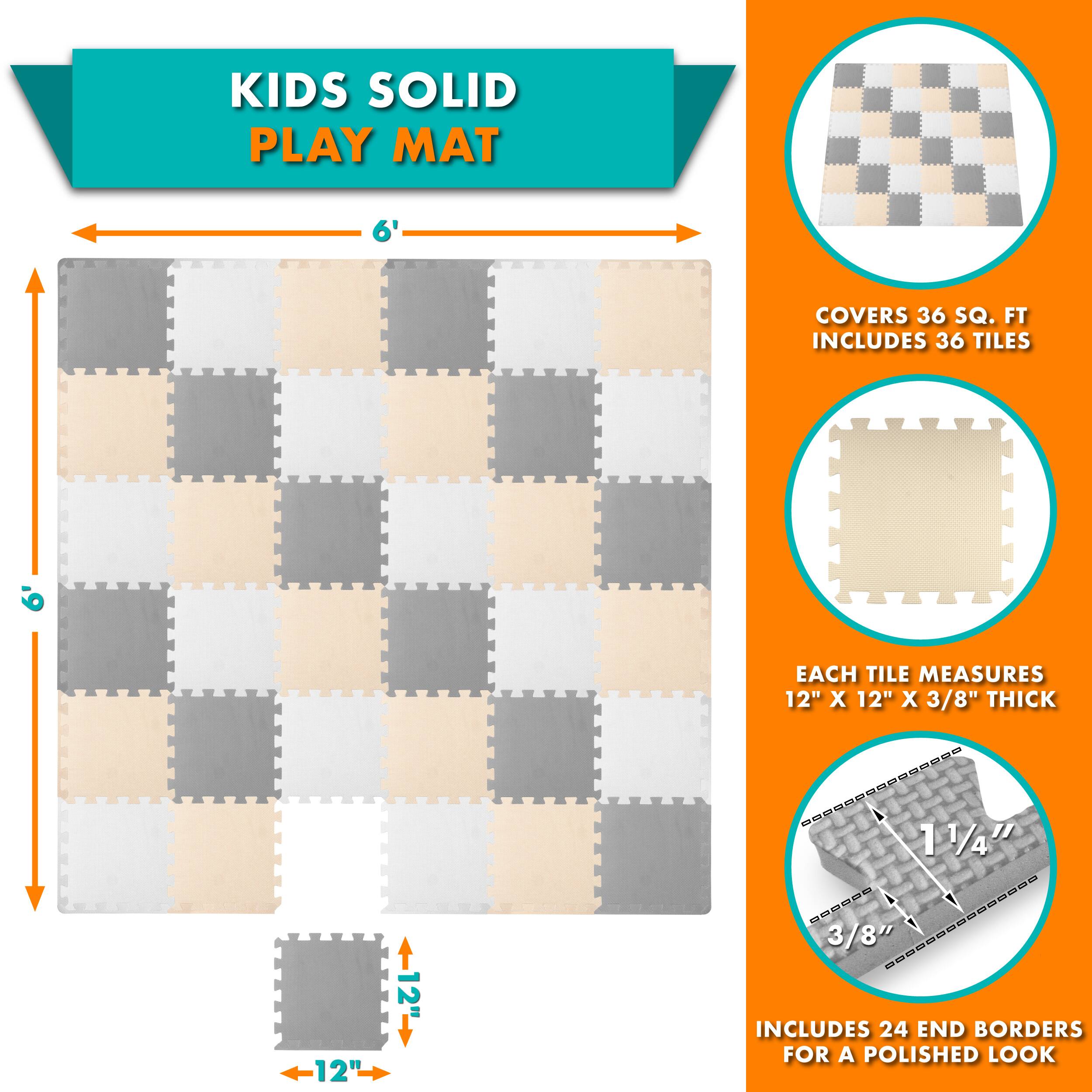 KIDS SOLID PLAY MAT COVERS 36 SQ. FT. INCLUDES 36 TILES. EACH TILE MEASURES 12" X 12" X 3/8" THICK. INCLUDES 24 END BORDERS FOR A POLISHED LOOK.