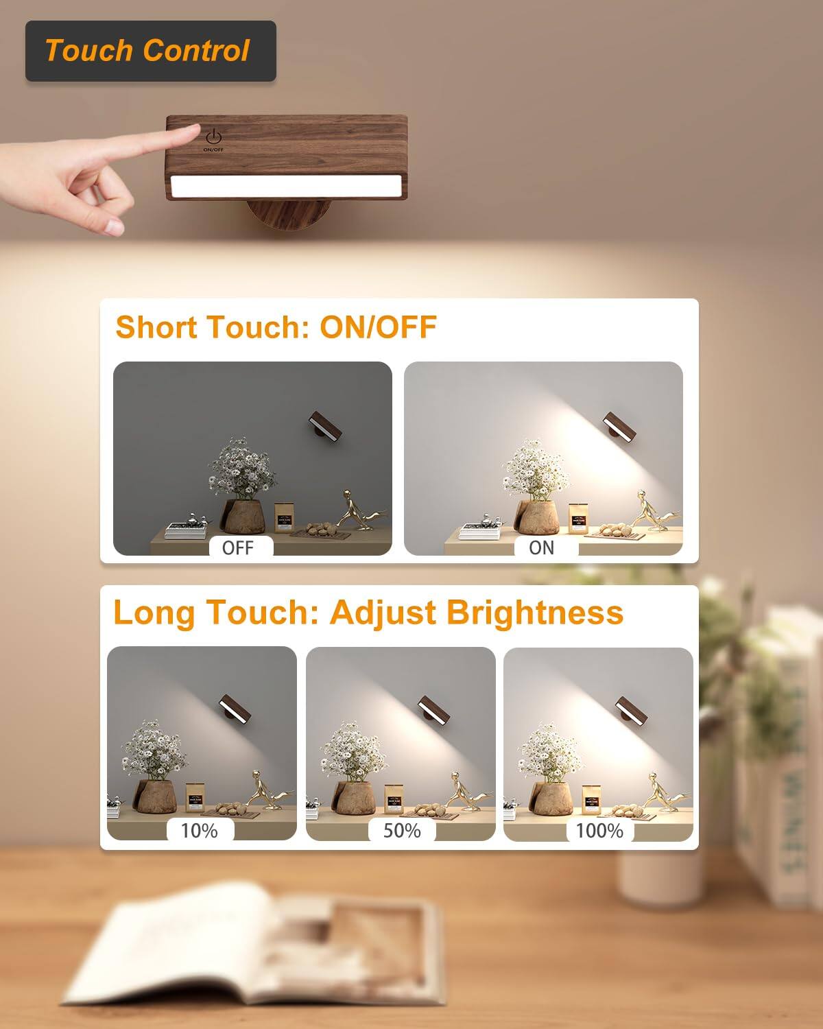 Touch Control

Short Touch: ON/OFF

Long Touch: Adjust Brightness

10% 50% 100%