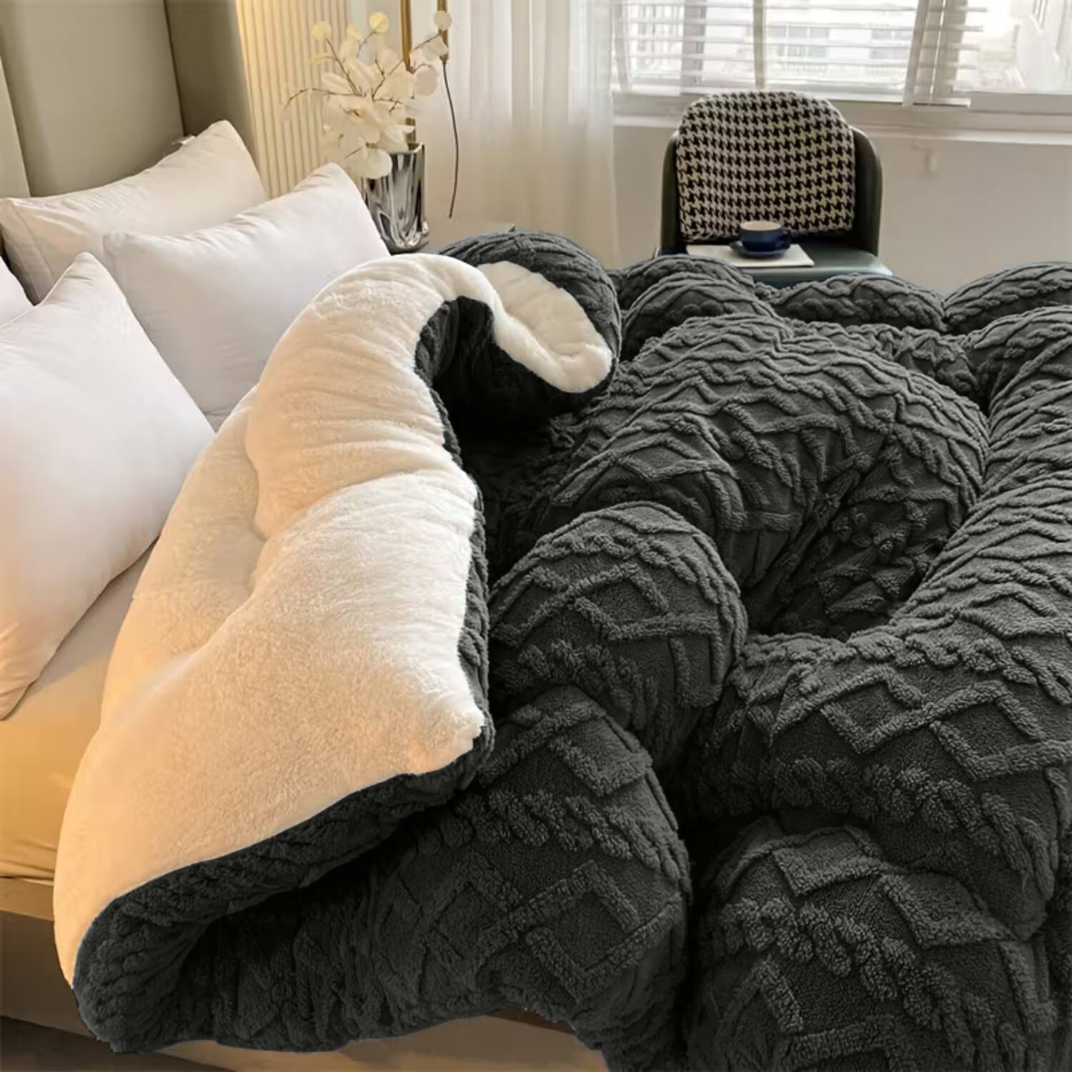 Left. Shatex - warm and thick full 3 pieces comforter set extremely soft and comfortable - gray.