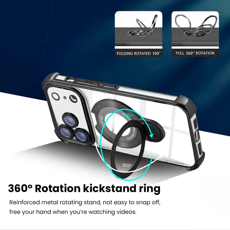 FOLDING ROTATED 100°  
FULL 360° ROTATION  

360° Rotation kickstand ring  
Reinforced metal rotating stand, not easy to snap off, free your hand when you're watching videos.