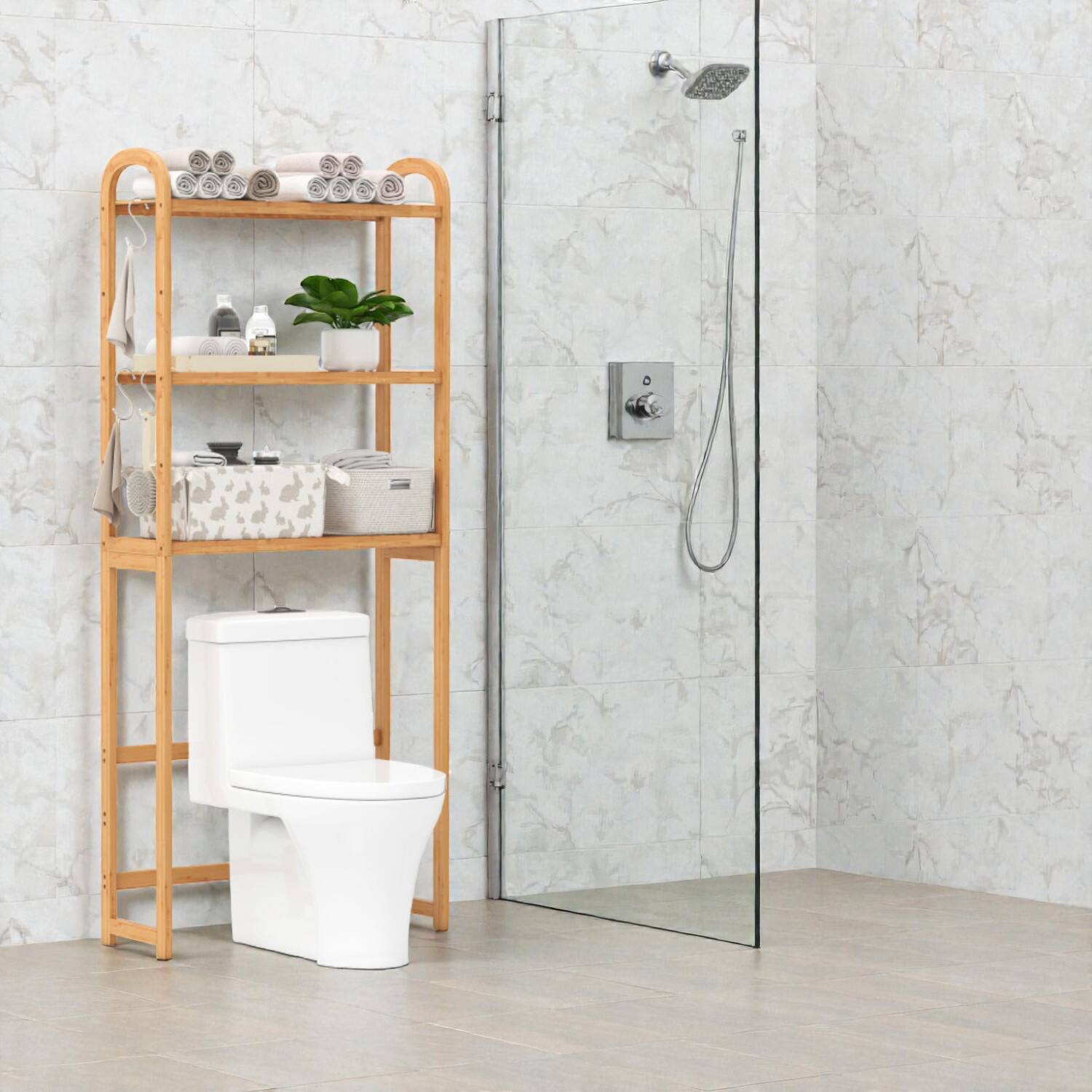 Hivvago - 3-Tier Bamboo Bathroom Storage Rack with 5 Adjustable Shelf Positions and 3 Hooks - Natural