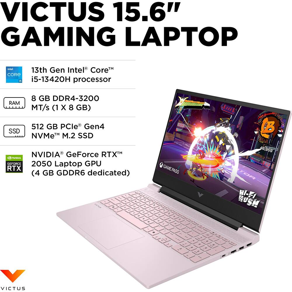 VICTUS 15.6" GAMING LAPTOP

- 13th Gen Intel® Core™ i5-13420H processor
- 8 GB DDR4-3200 MT/s (1X 8 GB)
- 512 GB PCIe® Gen4 NVMe™ M.2 SSD
- NVIDIA® GeForce RTX™ 2050 Laptop GPU (4 GB GDDR6 dedicated)
- GAME PASS
- WI-FI RUSH
- TOR HI-FI