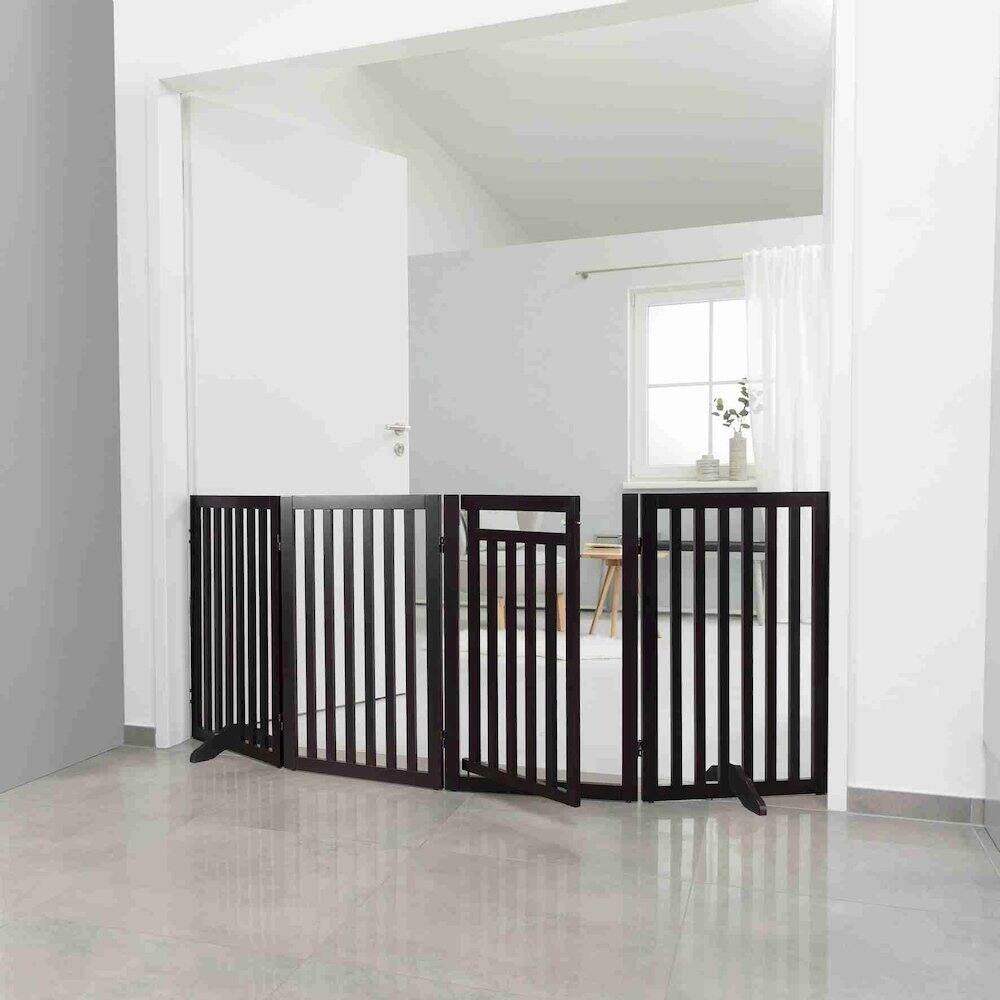 Angle. TRIXIE - 4-Panel Foldable Wood Freestanding Pet Gate, Walk Thru Door, Expands to 80" - Espresso Brown.