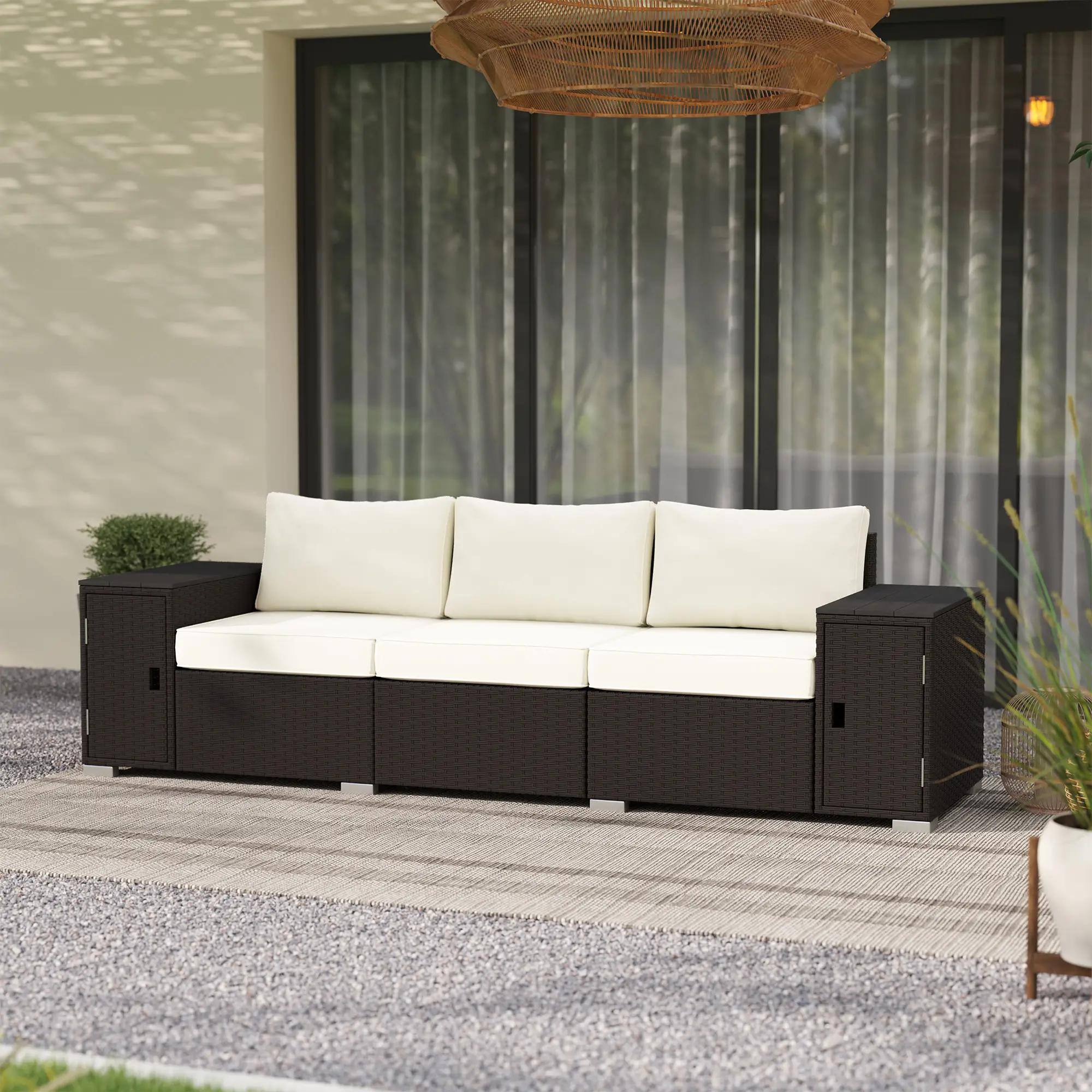 Alt View 4. Spaco - Spaco 3 Seater Storage Sofa, Deep Seat Wide Armrests PE Rattan Patio, Cream - Cream White.