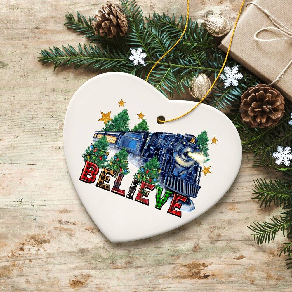 Back. OrnamentallyYou - Magical Christmas Train Charming Holiday Ornament Classic Believe Plaid Railroad - Multi-colored.