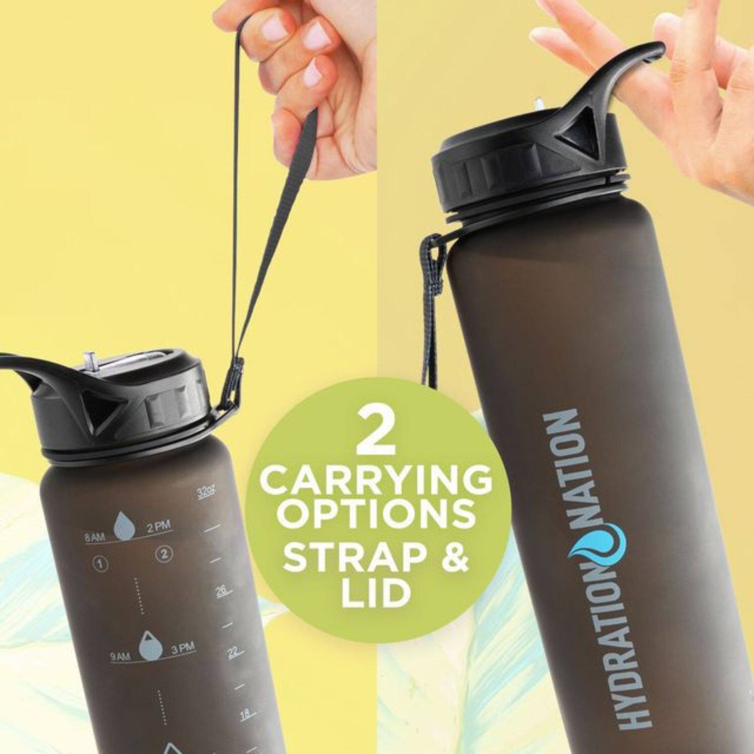 8AM 1  
9AM 2  
2 PM 3  
22g CARRYING OPTIONS  
NATION 2 STRAP & 26 LID  
3 PM 22  
18 HYDRATION  

2 CARRYING OPTIONS STRAP & LID