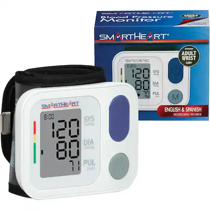 SMARTHEART Blood Pressure Monitor
SMARTHEART WRIST CUFF
ATTACHED ADULT WRIST CUFF
ENGLISH & SPANISH INSTRUCTIONS INCLUDED
8:00 SYS 120 mmHg DIA 80 mmHg PUL 71 /min
10:00 SYS 120 mmHg DIA 80 mmHg PUL 70 /min
SMARTHEART
ATTACHED ADULT WRIST CUFF
ENGLISH & SPANISH INSTRUCTIONS INCLUDED