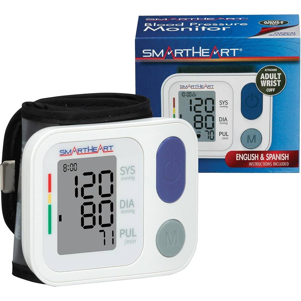 SMARTHEART Blood Pressure Monitor  
SMARTHEART WRIST CUFF  
ATTACHED ADULT WRIST CUFF  
ENGLISH & SPANISH INSTRUCTIONS INCLUDED  

8:00 SYS 120 mmHg DIA 80 mmHg PUL 71 /min  
10:00 SYS 120 mmHg DIA 80 mmHg PUL 70 /min  

SMARTHEART  
ATTACHED ADULT WRIST CUFF  
ENGLISH & SPANISH INSTRUCTIONS INCLUDED
