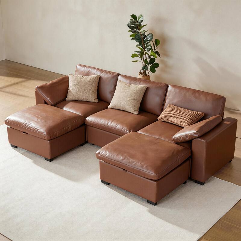 Front. Dyonery - 120" PU Sofa, ideal for family living rooms, modern U-shaped sectional sofa with convertible ottoman, modular sofa. - Brown.