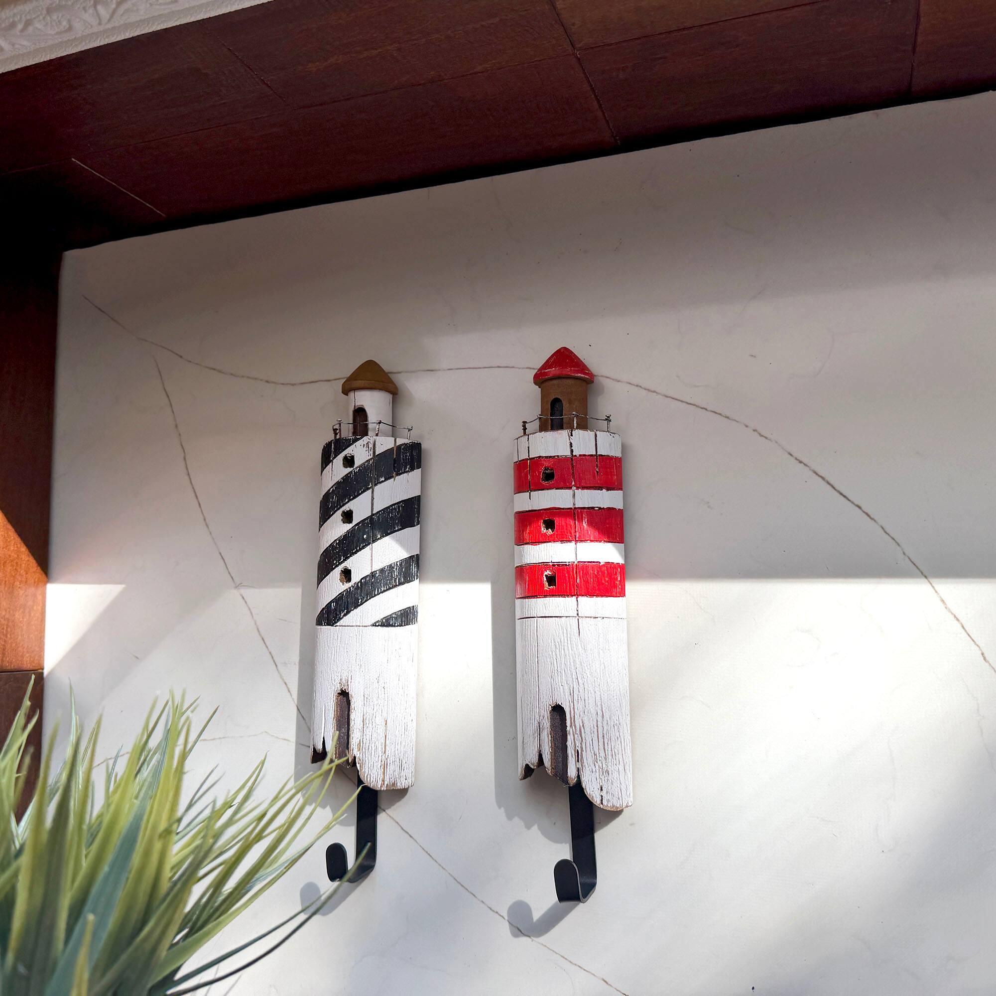 Alt View 3. Things2Die4 - Set of 2 Handcrafted Wood Lighthouse Decorative Wall Hooks Coastal Decor - Multicolored.
