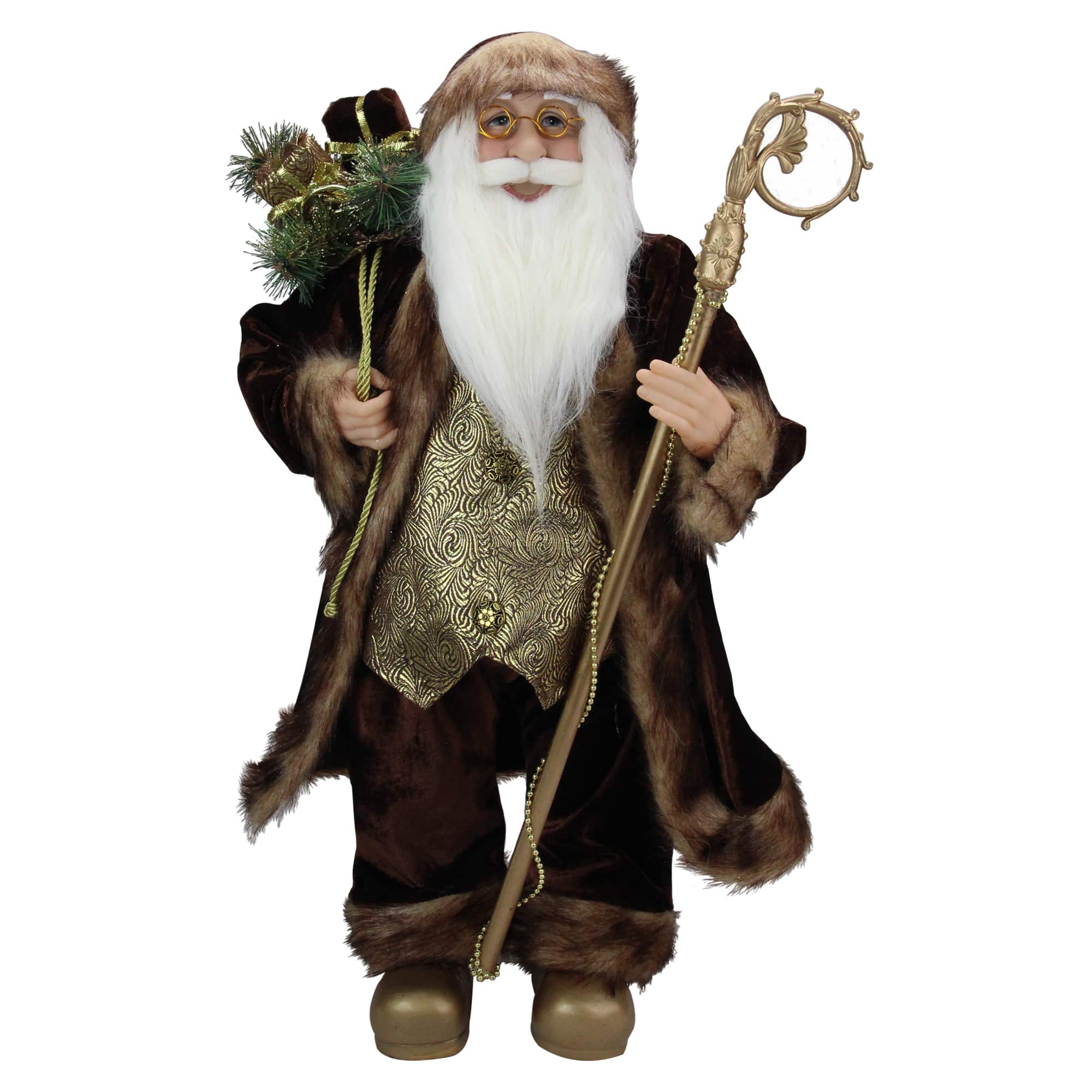 Northlight - 24" and Brown Standing Santa Claus Christmas Figurine with Staff - Gold