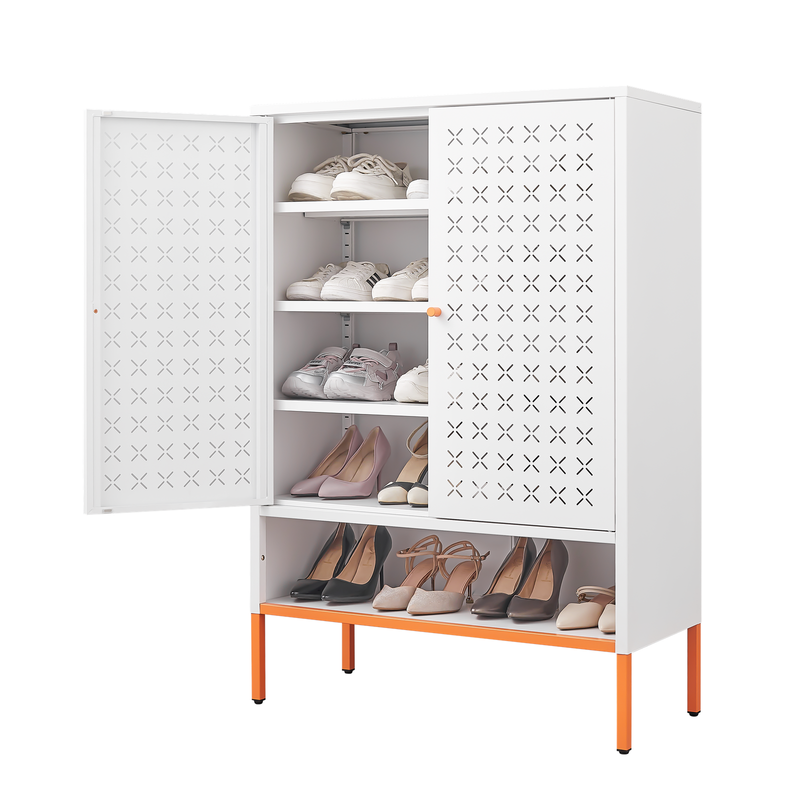 Front. Spaco - Spaco 3 Layer Grid 2 Door Shoe Cabinet with Adjustable Compartments, Suspended Hollow Seat and 15cm High Foot Design - White.