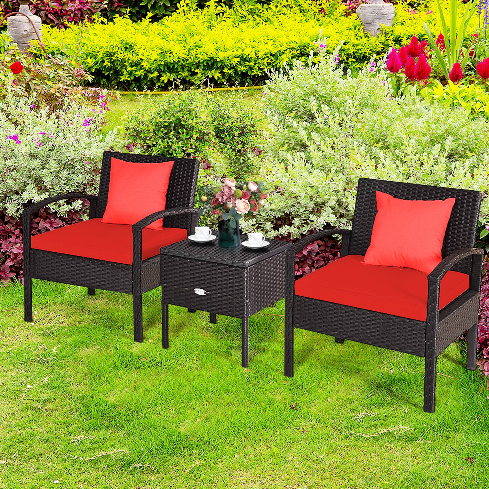 Alt View 5. Gymax - Gymax 3PCS Rattan Patio Conversation Furniture Set w/ Storage Table Red Cushion - Red.