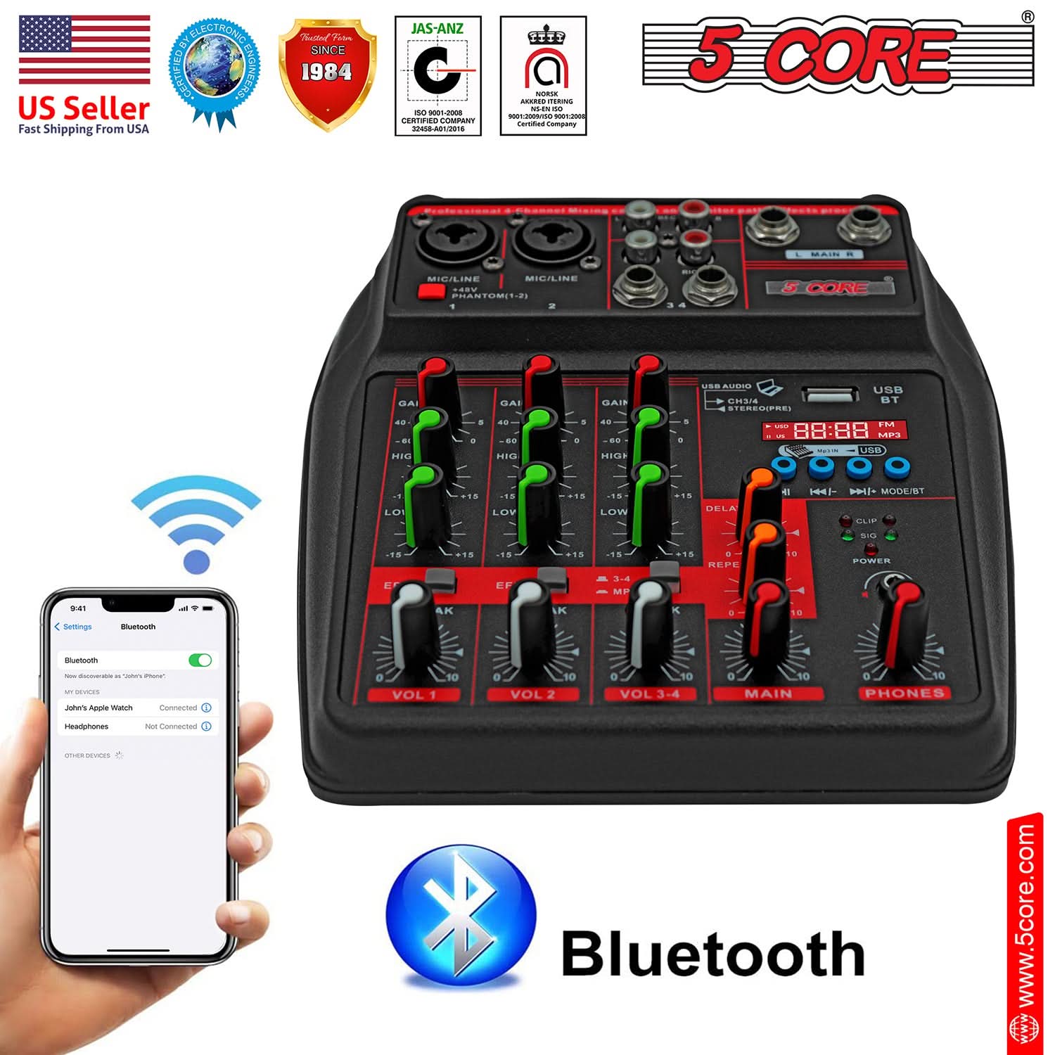 5 CORE Audio Mixer 4 Channel DJ Soundboard USB Interface Bluetooth