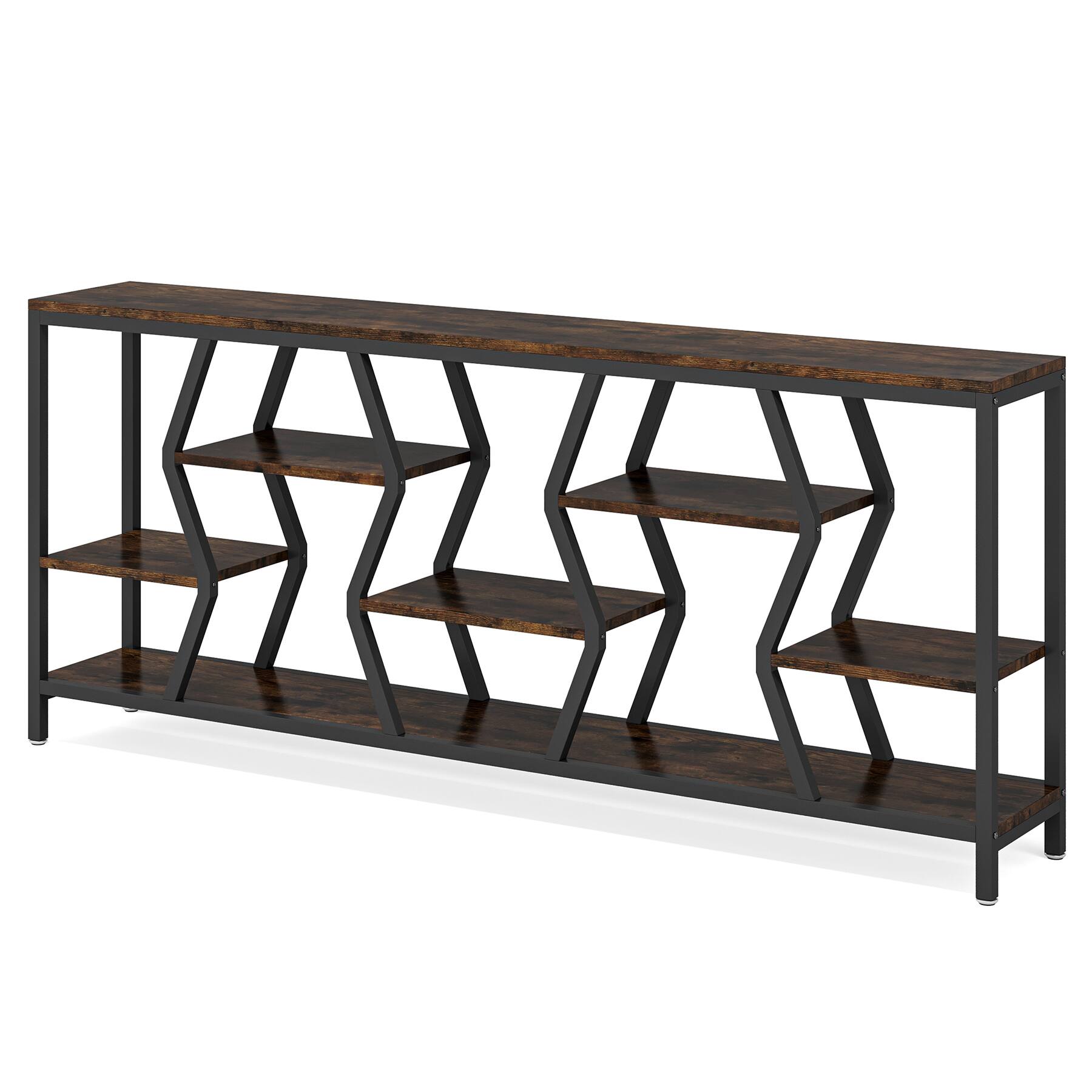 Alt View 1. TinyHomie - 70.9 Inches Sofa Console Table with 4 Tier Wood Storage Shelves Industrial Extra Long Narrow Entryway Accent Tables - Rustic Brown.