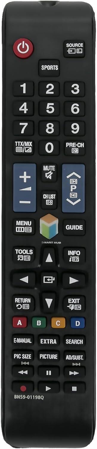 SOURCE SPORTS 1 4 7 TTX/MIX 2 5 8 O 3 6 9 PRE-CH + MUTE CHLIST E EN P 14E MENU GUIDE SMART HUB TOOLS =0 INFO E RETURN EXIT r EX A   D E-MANUAL EXTRA SEARCH PIC SIZE  PICTURE AD/SUBT. BN59-01198Q