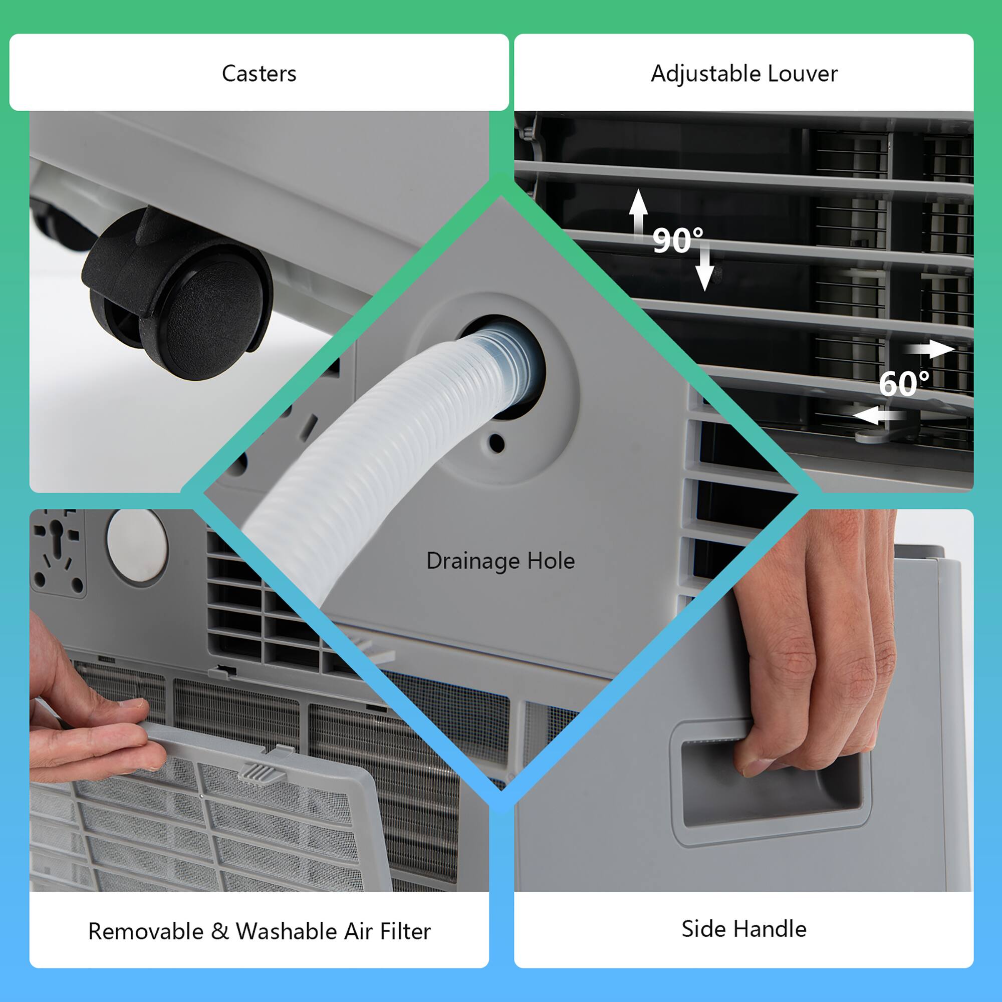 Casters: Removable & Washable Air Filter.