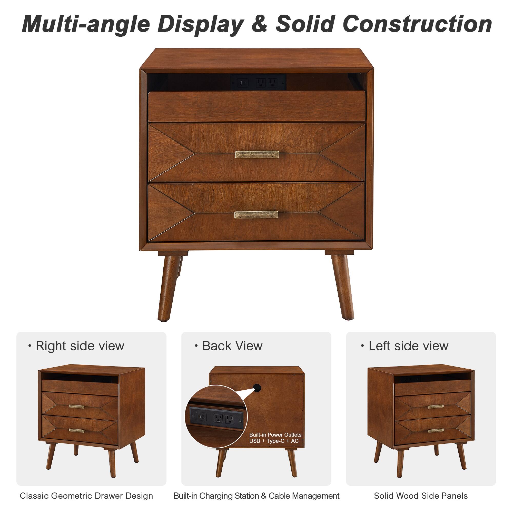 Multi-angle Display & Solid Construction

- Right side view
- Back View
- Left side view

Classic Geometric Drawer Design
Built-in Charging Station & Cable Management
Solid Wood Side Panels

Built-in Power Outlets: USB + Type-C + AC