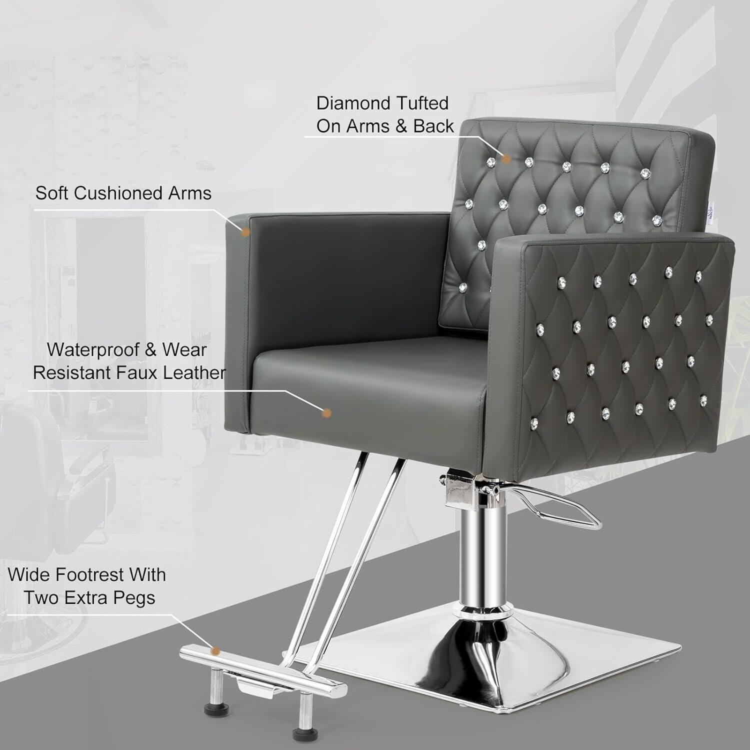 Diamond Tufted On Arms & Back  
Soft Cushioned Arms  
Waterproof & Wear Resistant Faux Leather  
Wide Footrest With Two Extra Pegs