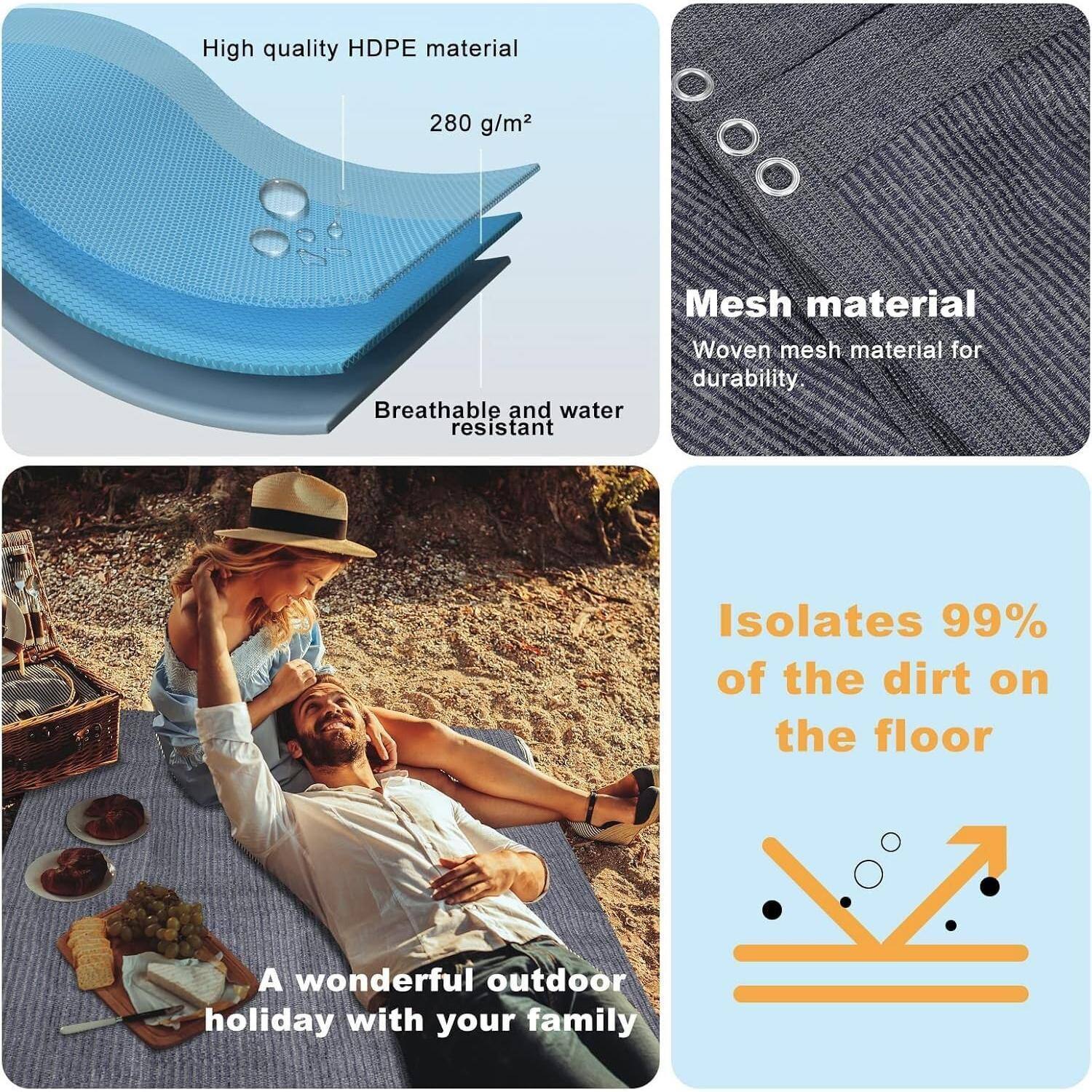 - High quality HDPE material
- 280 g/m²
- Breathable and water resistant
- Mesh material
- Woven mesh material for durability
- Isolates 99% of the dirt on the floor
- A wonderful outdoor holiday with your family