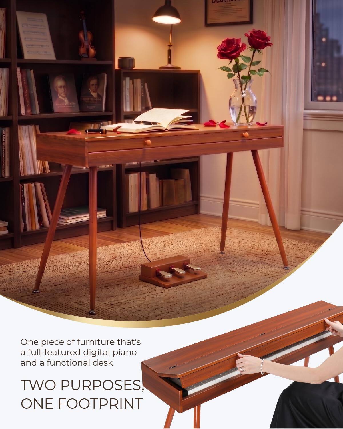 One piece of furniture that's a full-featured digital piano and a functional desk

TWO PURPOSES, ONE FOOTPRINT