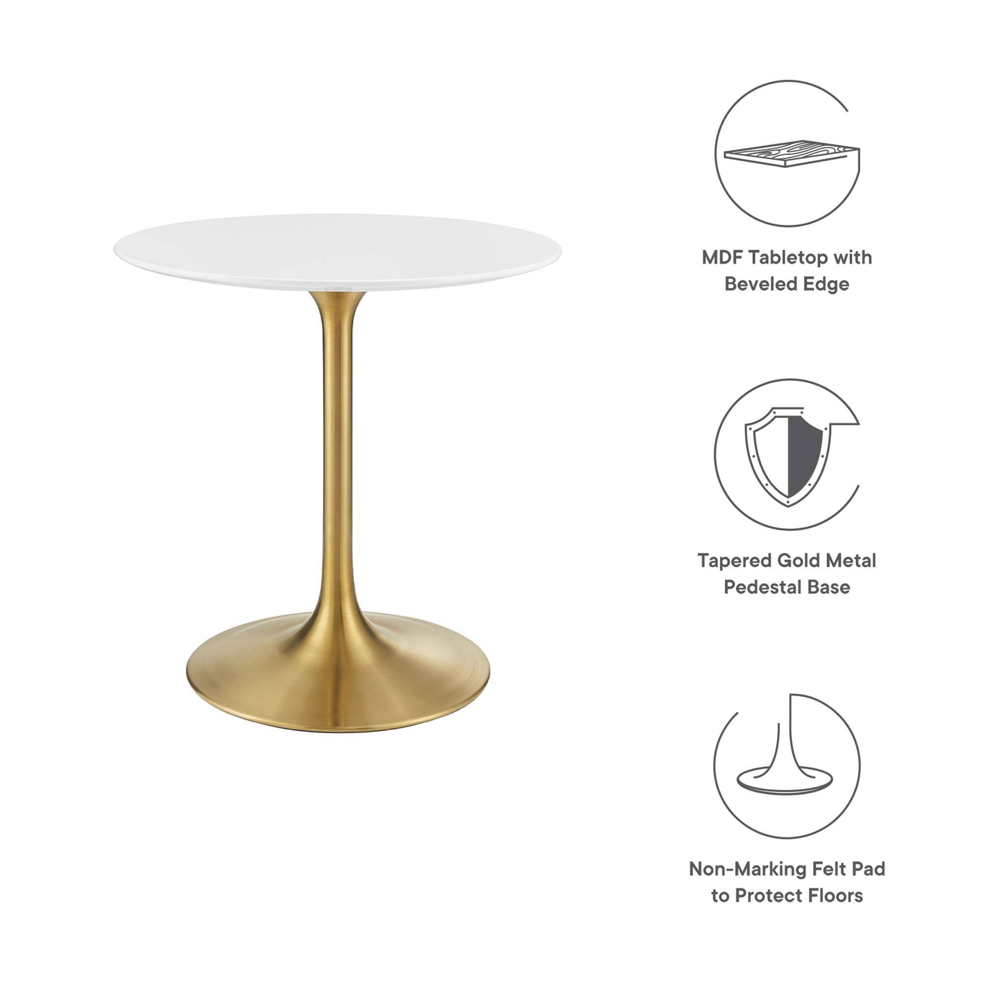 - MDF Tabletop with Beveled Edge
- Tapered Gold Metal Pedestal Base
- Non-Marking Felt Pad to Protect Floors