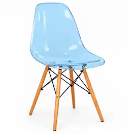 LeisureMod - Dover Mid-Century Modern Dining Chair, ABS Plastic Seat with Wood Legs, Molded Accent Side Chair for Kitchen - Transparent Blue