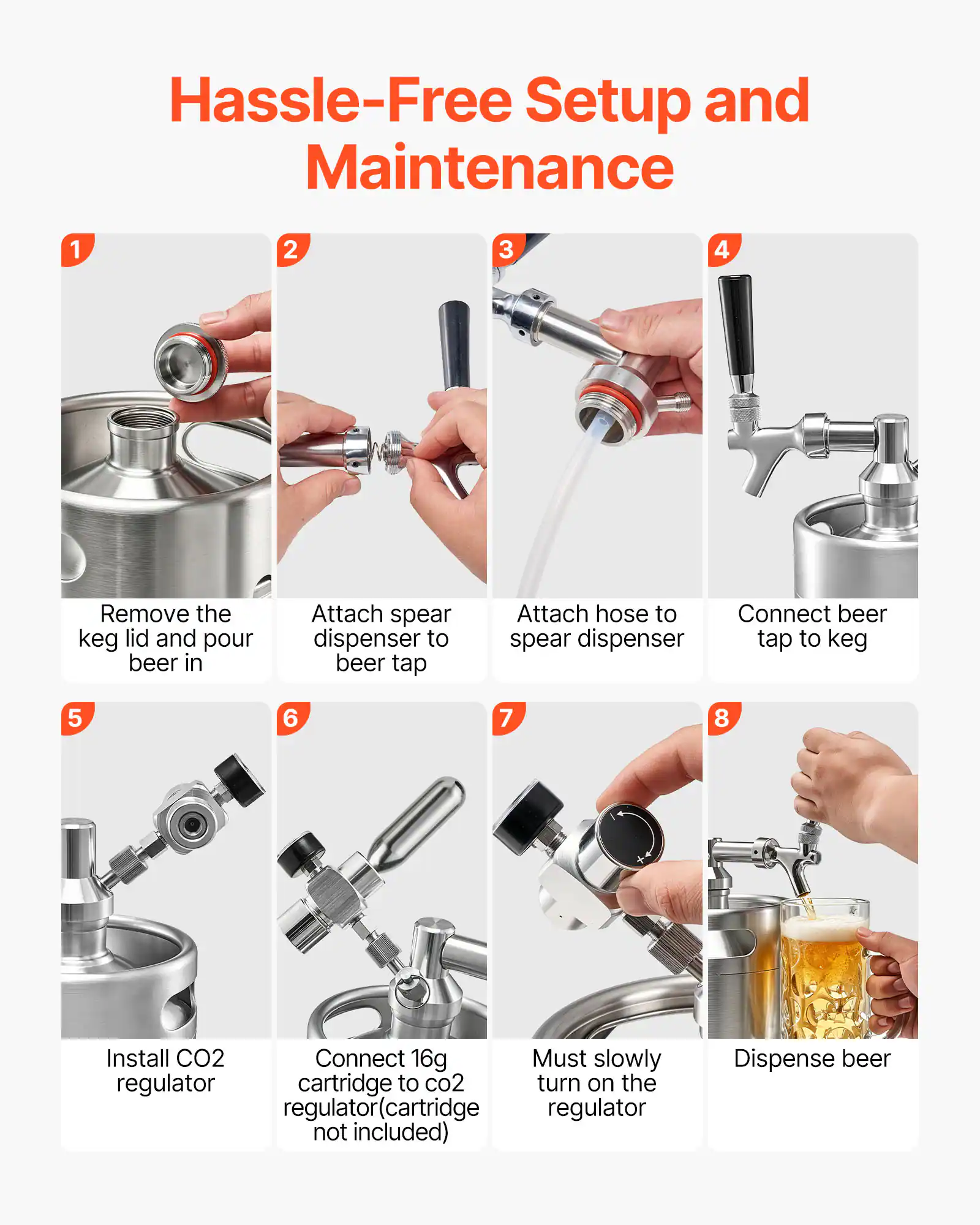 Hassle-Free Setup and Maintenance

1. Remove the keg lid and pour beer in
2. Attach spear dispenser to beer tap
3. Attach hose to spear dispenser
4. Connect beer tap to keg
5. Install CO2 regulator
6. Connect 16g cartridge to CO2 regulator (cartridge not included)
7. Must slowly turn on the regulator
8. Dispense beer